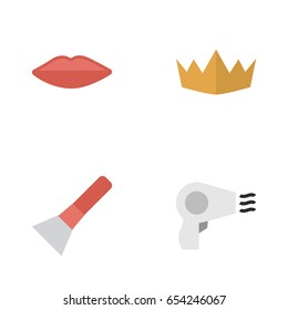 Vector Illustration Set Of Simple Fashion Icons. Elements Lips, Crown, Brush And Other Synonyms Kiss, Scrub And Crown.
