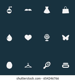 Vector Illustration Set Of Simple Fashion Icons. Elements Wardrobe, Mirror, Evening Gown And Other Synonyms Mirror, Liquid And Wardrobe.