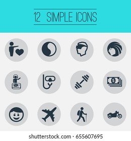 Vector Illustration Set Of Simple Fashion Icons. Elements Ballance, Plane, Night Club And Other Synonyms Yin-Yang, Dumbbell And Face.