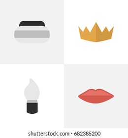Vector Illustration Set Of Simple Fashion Icons. Elements Crown, Jar, Lips And Other Synonyms Kiss, Coronet And Crown.