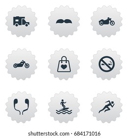 Vector Illustration Set Of Simple Fashion Icons. Elements Jogging, Motorcycle, Entertainment And Other Synonyms Motorbike, Motorcycle And Van.