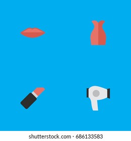 Vector Illustration Set Of Simple Fashion Icons. Elements Pomade, Lips, Dress And Other Synonyms Garment, Pomade And Kiss.