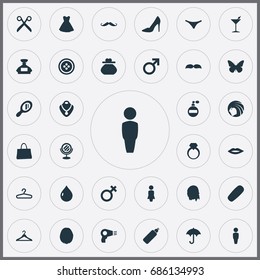 Vector Illustration Set Of Simple Fashion Icons. Elements Woman, Tailor, Mirror And Other Synonyms Male, Passion And Nature.