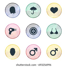 Vector Illustration Set Of Simple Fashion Icons. Elements Blowdryer, Hairstyle, Tailor And Other Synonyms Tailor, Haircut And Hairdryer.
