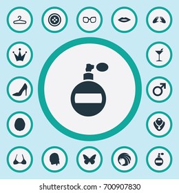 Vector Illustration Set Of Simple Fashion Icons. Elements Kiss, Fragrance , Hand Care Procedure Synonyms Hairs, Button And Sale.