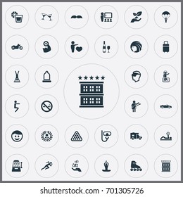 Vector Illustration Set Of Simple Fashion Icons. Elements Car, Training, Luxury Inn And Other Synonyms Meditation, Wreath And Winner.