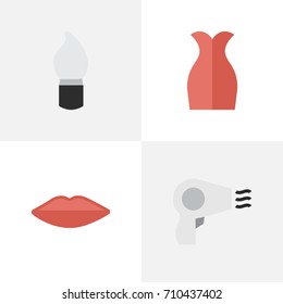 Vector Illustration Set Of Simple Fashion Icons. Elements Dress, Blow-Dryer, Lips And Other Synonyms Scrub, Hairdryer And Lips.