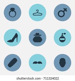 Vector Illustration Set Of Simple Fashion Icons. Elements Spectacle Box, Man, Jewel And Other Synonyms Sunglasses, Hanger And Female.
