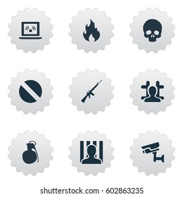 Vector Illustration Set Of Simple Fault Icons. Elements Blaze, Narcotic, Prison And Other Synonyms Uzi, Net And Punishment.