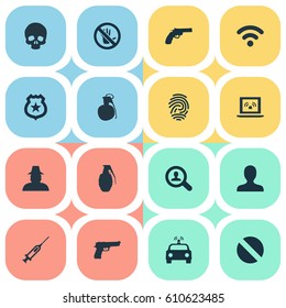 Vector Illustration Set Of Simple Fault Icons. Elements Explode, Police Car, Internet And Other Synonyms Cranium, Weapon And Bomb.