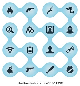 Vector Illustration Set Of Simple Fault Icons. Elements Pistol, Controlling System, Prison And Other Synonyms Automatic, Stick And Punishment.