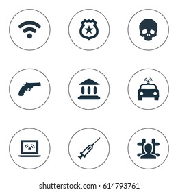 Vector Illustration Set Of Simple Fault Icons. Elements Vaccine, Arrested, Judicial House And Other Synonyms Syringe, Symbol And Library.