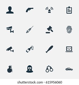 Vector Illustration Set Of Simple Fault Icons. Elements Checklist, Lock, Thief And Other Synonyms Judicial, Tribunal And Hammer.