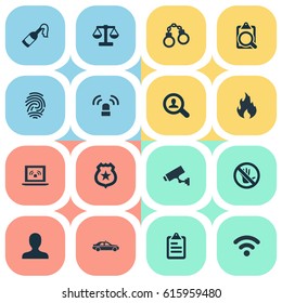 Vector Illustration Set Of Simple Fault Icons. Elements Grid, Lock, Justice And Other Synonyms Biometric, Molotov And Car.