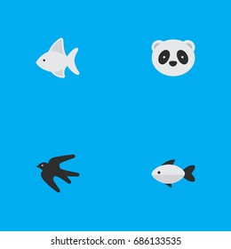 Vector Illustration Set Of Simple Fauna Icons. Elements Bear, Fish, Sparrow And Other Synonyms Swallow, Panda And Fish.