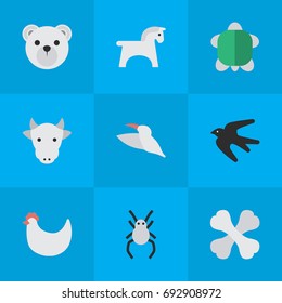 Vector Illustration Set Of Simple Fauna Icons. Elements Tarantula, Steed, Sparrow And Other Synonyms Sparrow, Hoof And Kine.