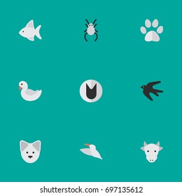 Vector Illustration Set Of Simple Fauna Icons. Elements Swan, Fish, Kine And Other Synonyms Swallow, Swan And Bird.