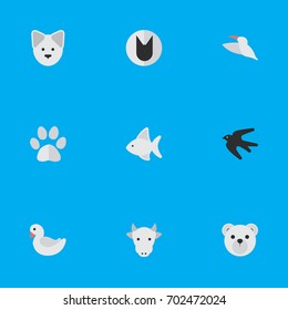 Vector Illustration Set Of Simple Fauna Icons. Elements Wolf , Panda , Kine Synonyms Cow, Dog And Kine.