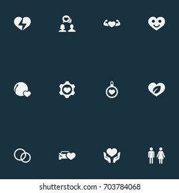 Vector Illustration Set Of Simple Feelings Icons. Elements Beloveds, Broken Soul, Eco And Other Synonyms Lovers, Song And Happy.