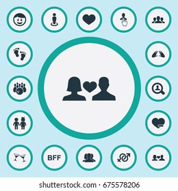 Vector Illustration Set Of Simple Fellows Icons. Elements Enamored, Merry, Ensemble And Other Synonyms Look, Game And Merry.