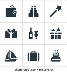 Vector Illustration Set Of Simple Festal Icons. Elements Boat, Wand, Wine Synonyms Vacation, Magic And Glass.
