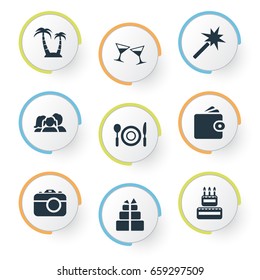 Vector Illustration Set Of Simple Festal Icons. Elements Cake, Island , Supper Synonyms Anniversary, Memories And Wish.