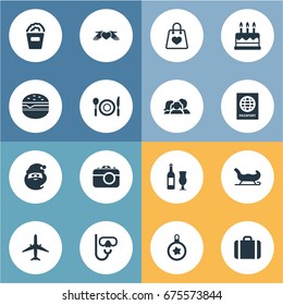 Vector Illustration Set Of Simple Festal Icons. Elements Supper, Pastry, Travel Document And Other Synonyms International, Holiday And Snorkeling.
