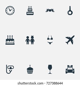 Vector Illustration Set Of Simple Festal Icons. Elements Airplane, Pastry, Love Protection And Other Synonyms Fly, Dessert And Bikini.