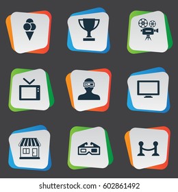 Vector Illustration Set Of Simple Film Icons. Elements Sorbet, Rope Barrier, Grocery And Other Synonyms Screen, Display And Prize.