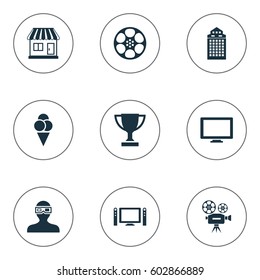 Vector Illustration Set Of Simple Film Icons. Elements Structure, Grocery, Filmstrip And Other Synonyms 3D, Structure And Movie.
