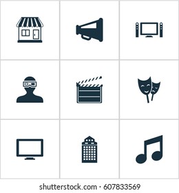 Vector Illustration Set Of Simple Film Icons. Elements Spectator, Grocery, Home Cinema And Other Synonyms Note, 3D And Decoration.