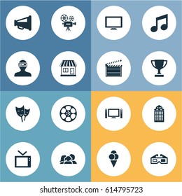 Vector Illustration Set Of Simple Film Icons. Elements Trophy, Action, Home Cinema And Other Synonyms Clapper, Board And Filmstrip.
