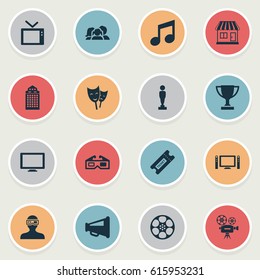 Vector Illustration Set Of Simple Film Icons. Elements 3D Glasses, Screen, Video Camera And Other Synonyms Music, Glasses And Champion.