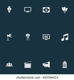 Vector Illustration Set Of Simple Film Icons. Elements Cash, Plasma Monitor, Studio Ligtning And Other Synonyms Stand, Viewers And Show.