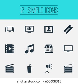 Vector Illustration Set Of Simple Film Icons. Elements Action, Studio Ligtning, Home Cinema And Other Synonyms Display, Narrator And Layout.