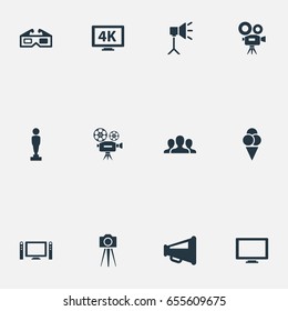 Vector Illustration Set Of Simple Film Icons. Elements Home Cinema, 3D Glasses, Screen And Other Synonyms Tripod, 4 And Screen.