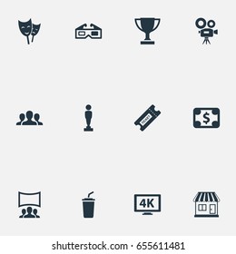 Vector Illustration Set Of Simple Film Icons. Elements Trophy, Grocery, 3D Glasses And Other Synonyms Spectators, Viewers And K.