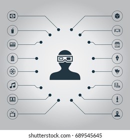 Vector Illustration Set Of Simple Film Icons. Elements Grocery, Virtual Reality, Spectator And Other Synonyms Filmstrip, Decoration And Television.