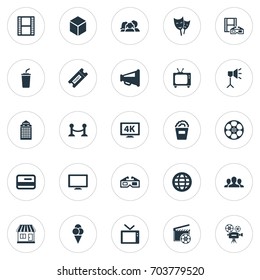 Vector Illustration Set Of Simple Film Icons. Elements 3D Glasses, Family, Screen And Other Synonyms Movie, Package And Pass.