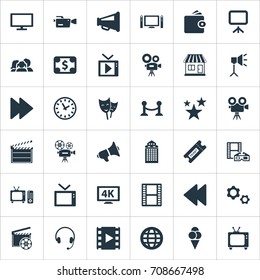 Vector Illustration Set Of Simple Film Icons. Elements Cash, Write Board, Retro Tv And Other Synonyms Lcd, Controller And Swipe.