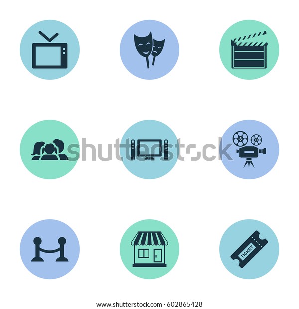 Vector Illustration Set Of Simple Film Icons.\
Elements Television, Grocery, Theatre And Other Synonyms Ticket,\
Board And Grocery.