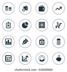 Vector Illustration Set Of Simple Finance Icons. Elements Billfold, Piggy Bank, Spending And Other Synonyms Progress, Segmentation And Math.