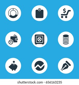 Vector Illustration Set Of Simple Finance Icons. Elements Authentication, Earnings, Circle Diagram And Other Synonyms Spending, Saving And Payment.