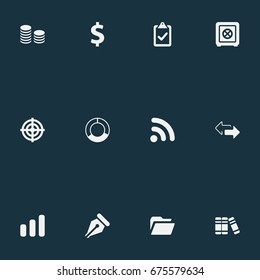 Vector Illustration Set Of Simple Finance Icons. Elements Circle Diagram, Wireless Connection, Literature And Other Synonyms Diagram, Sales And File.