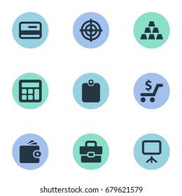 Vector Illustration Set Of Simple Finance Icons. Elements Presentation Screen, Bullion, Calculator And Other Synonyms Purse, Gold And Whiteboard.