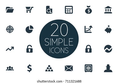 Vector Illustration Set Of Simple Finance Icons. Elements Letter, Sack, Research And Other Synonyms Graphic, Aim And Letter.