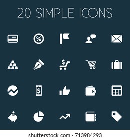 Vector Illustration Set Of Simple Finance Icons. Elements Suitcase, Pushcart, Electronic Payment And Other Synonyms Increase, Mail And Gold.