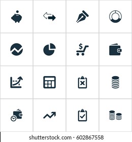 Vector Illustration Set Of Simple Financial Icons. Elements Earnings, Rate, Two Directions And Other Synonyms Supervision, Percent And Math.