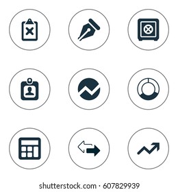 Vector Illustration Set Of Simple Financial Icons. Elements Nib, Cross On Clipboard, Increase And Other Synonyms Math, Pen And Increase.