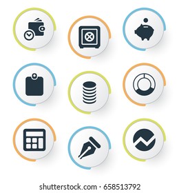 Vector Illustration Set Of Simple Financial Icons. Elements Calculator, Nib, Circle Diagram And Other Synonyms Money, Analytics And Authentication.